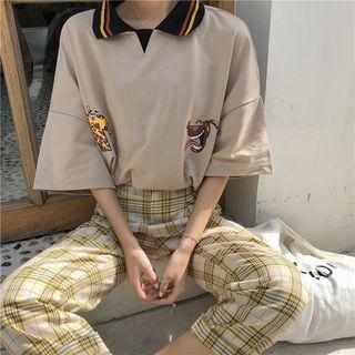 Short-sleeve Dog Print Oversized Polo Shirt