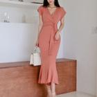 Short-sleeve Wrap Midi Sheath Dress