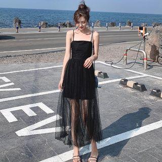 Spaghetti-strap Dotted Panel Mesh Dress