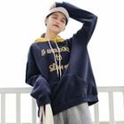 Embroidered Color Block Hooded Sweatshirt Blue - One Size