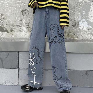 Dinosaur Print Wide Leg Jeans