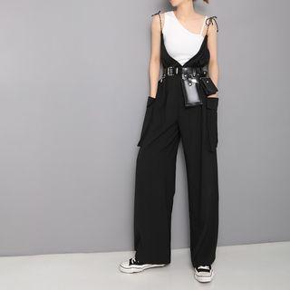 V-neck Spaghetti Strap Jumper Pants With Belt