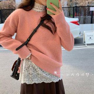 Long-sleeve Mock Neck Plain Lace Top