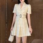 Plaid Short-sleeve Mini Shirtdress With Belt Almond - One Size
