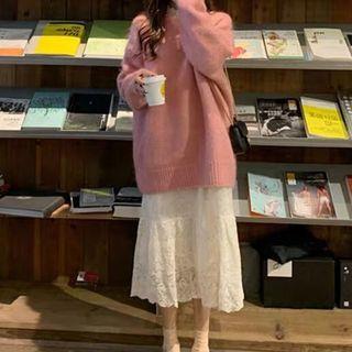 Plain Sweater / Long-sleeve Midi A-line Lace Dress