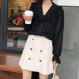 Eyelet Lace Blouse / Corduroy A-line Skirt