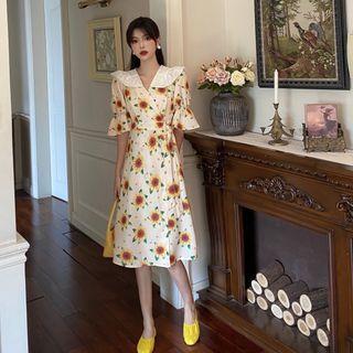 Puff-sleeve Floral Print Contrast Collar A-line Dress