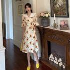 Puff-sleeve Floral Print Contrast Collar A-line Dress
