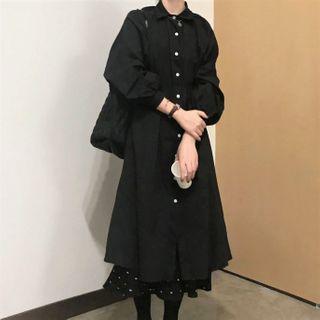 Long-sleeve Plain Shirt Dress Black - One Size