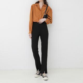 Slit-hem Straight-fit Pants Black - One Size