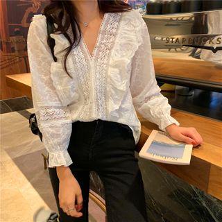 Lace Trim Bell-sleeve Eyelet Blouse