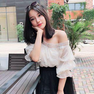 Sequined Off-shoulder Puff Sleeve Chiffon Top