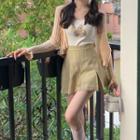 Spaghetti Strap Print Top / Cardigan / Plaid Mini A-line Skirt