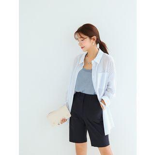 Plus Size Drop-shoulder Stripe Sheer Shirt