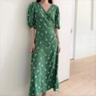 Floral Print Elbow-sleeve Midi Wrap Dress Green - One Size