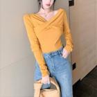 Long-sleeve Off-sleeve Twist-front Knit Top