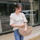 V-neck Elbow-sleeve Ruffled Top