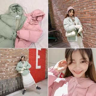 Hooded Belted Pastel Color Puffer Jacket