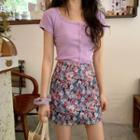 Short-sleeve Knit Top / Floral Print A-line Skirt