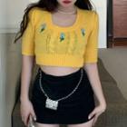 Short-sleeve Floral Embroidered Knit Top Yellow - One Size