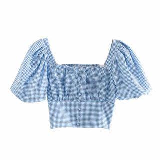 Puff-sleeve Square-neck Plaid Cropped Blouse