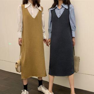 V-neck Knit Vest / Midi A-line Pinafore Dress