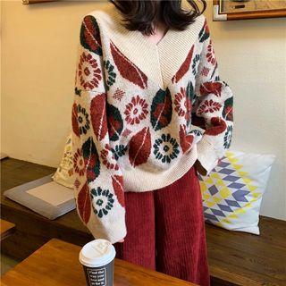 Printed V-neck Sweater As Shown In Figure - One Size