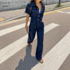 Stitched Button-up Denim Jumpsuit Dark Blue - One Size