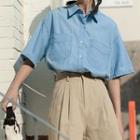 Lapel Denim Short Sleeve Shirt Light Blue - One Size