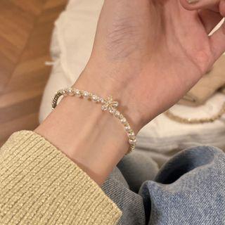 Flower Rhinestone Faux Pearl Bracelet White - One Size