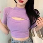 Short-sleeve Mock-neck Cutout Knit Crop Top