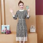 Leopard Print Lace Trim Long-sleeve A-line Midi Dress
