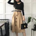 Cut Out Neckline Long Sleeve Knit Top / Buttoned Midi Skirt