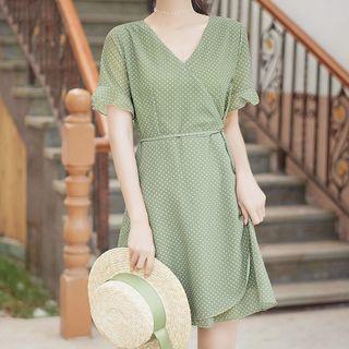 Short-sleeve V-neck Dotted Wrap Chiffon Dress