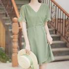 Short-sleeve V-neck Dotted Wrap Chiffon Dress