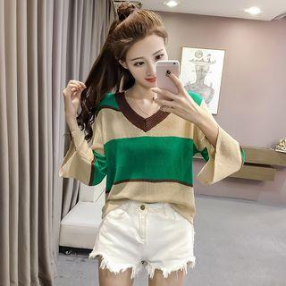 3/4-sleeve Color Block Knit T-shirt