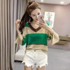 3/4-sleeve Color Block Knit T-shirt