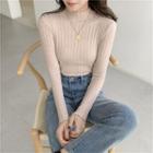 Mock-neck Plain Striped Knit Long-sleeve Top