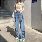 High Waist Letter Print Loose Fit Jeans