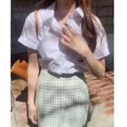 Short-sleeve Plain Shirt / Plaid Mid Pencil Skirt