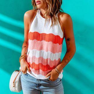 Color Block Crochet Knit Halter Top