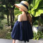 Off-shoulder 3/4-sleeve Plain Shirt Navy Blue - One Size