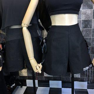 Lettering Embroidered Lace-up High-waist Shorts
