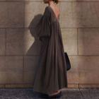 Long-sleeve Lace-up Open-back Maxi Shift Dress Gray - One Size