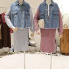 Set: Paneled Denim Jacket + Fitted Knit Skirt