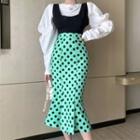 Square Neck Tank Top / High Waist Dotted Pencil Skirt / Round-neck Puff Sleeve Ruffle Trim Top