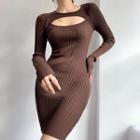 Long-sleeve Cutout Ribbed Knit Mini Sheath Dress