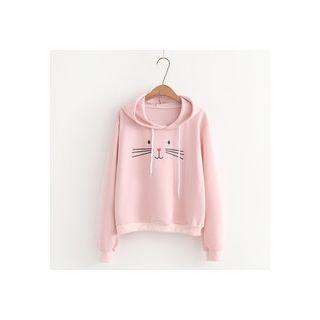 Cat Face Embroidered Long-sleeve Hooded Sweater