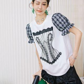 Puff Sleeve Crew Neck Plaid Panel Printed T-shirt