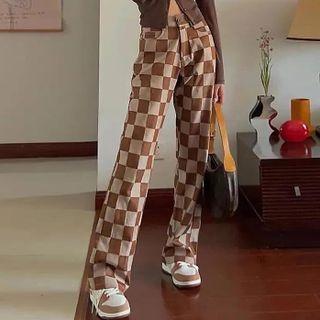 Plaid Denim Straight Cut Pants